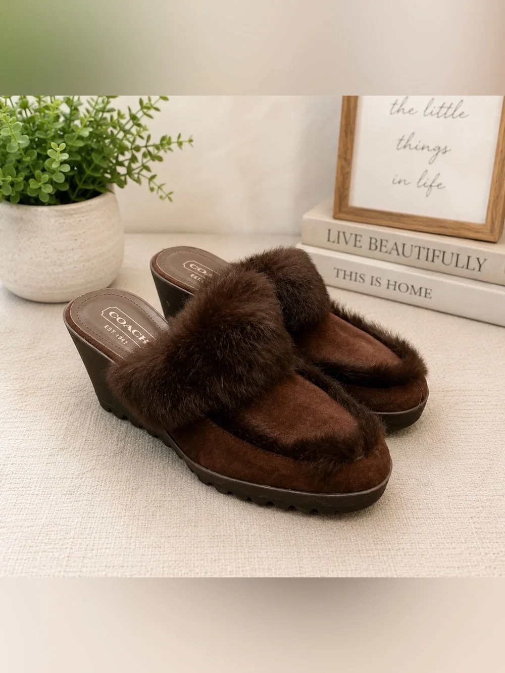 Coach size 7.5 brown rabbit fur suede wedge mules slip on soft comfortable shoes